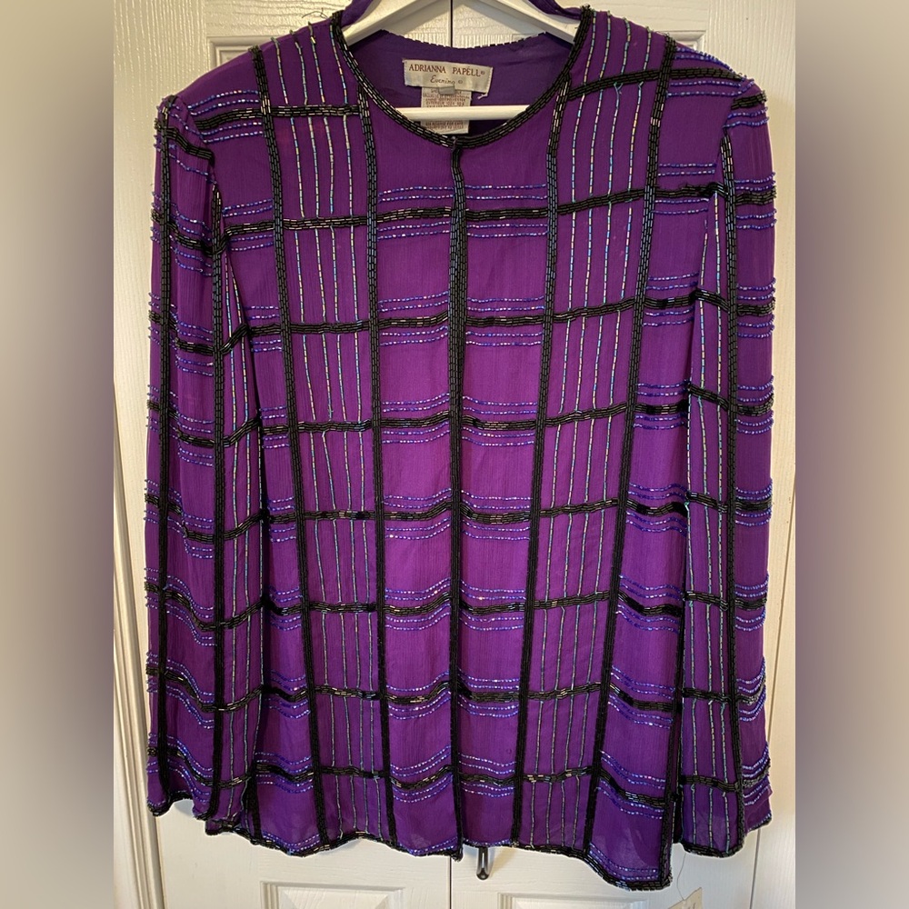 Adrianna Papell Silk Open Front Jacket Completely beaded throughout long sleeve